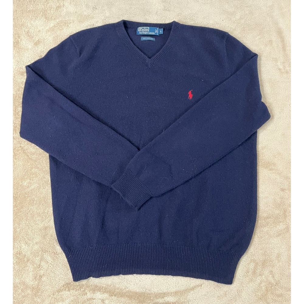 Vintage Polo Ralph Lauren Sweater Men's Large Navy Blue 100% Lambs Wool L/S EUC